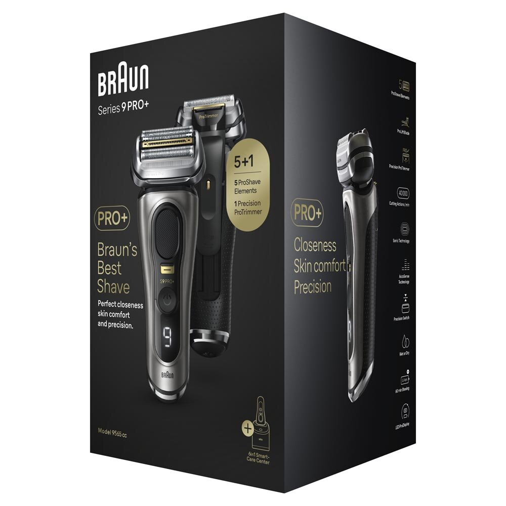 Pudełko z golarką Braun Series 9 PRO+, podkreślające cechy i szczegóły modelu.