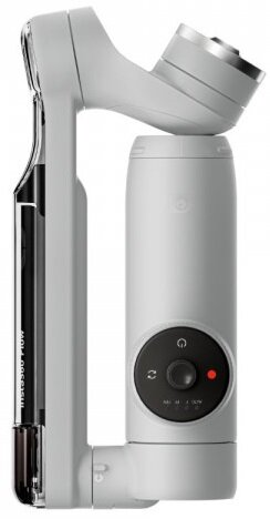 Biało-szary stabilizator Insta360 Flow. Ma czarny ekran i przyciski. Tło jest białe.