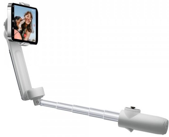 Biały kijek do selfie z telefonem, który wyświetla ludzi.