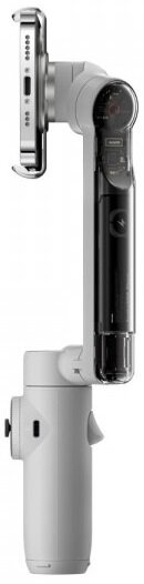 Biały gimbal z dołączonym telefonem. To stabilizator do telefonów komórkowych.