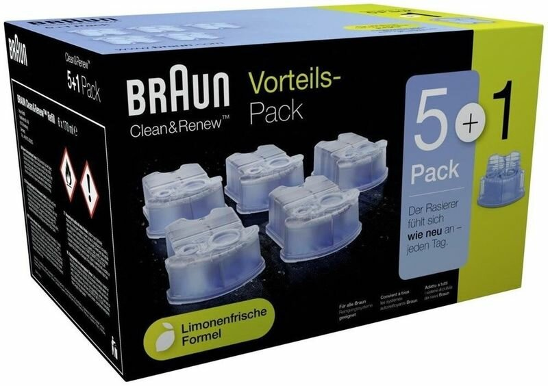 Zestaw uzupełniający Braun Clean & Renew, opakowanie 5+1 z niebieskimi wkładami czyszczącymi.
