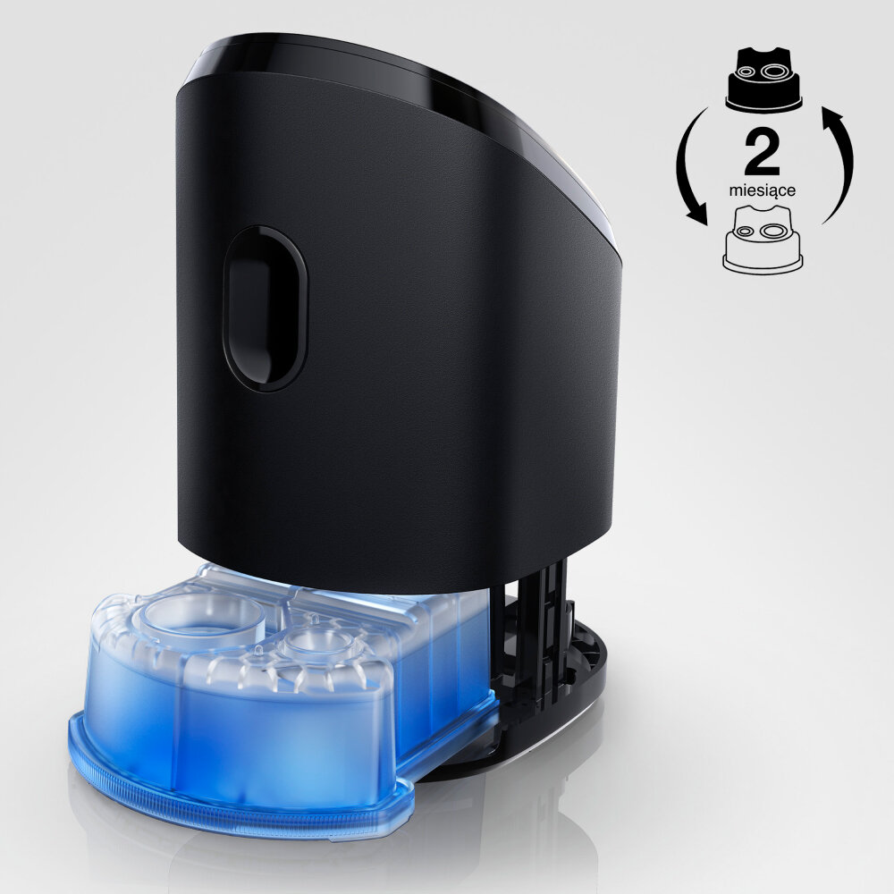 Czarny automatyczny podajnik dla zwierząt z niebieskim zbiornikiem na płyn.