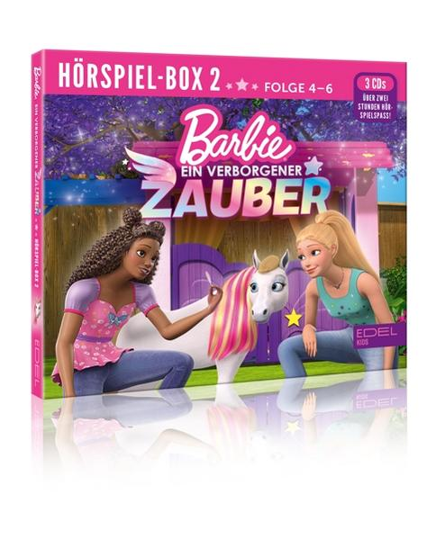 Barbie DVD Box Set: Zwei Mädchen mit einem rosa-weißen Pferd, lila Hintergrund.