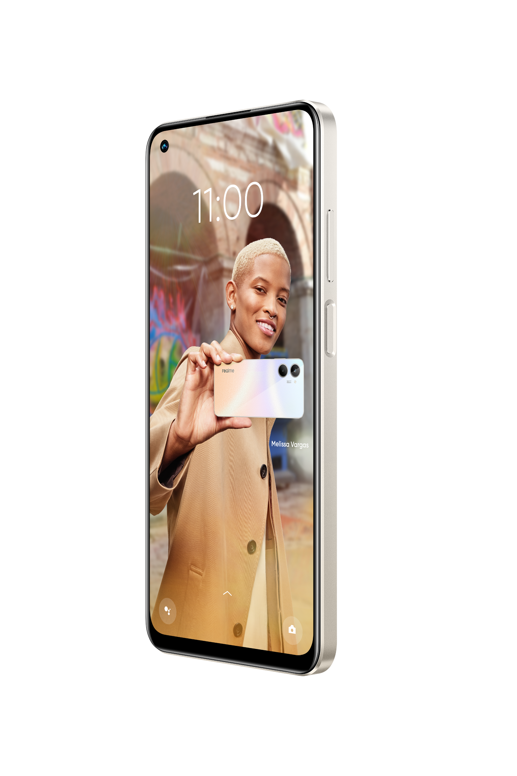 Bir kişi, elinde telefon tutan bir kadını gösteren bir telefon tutuyor.