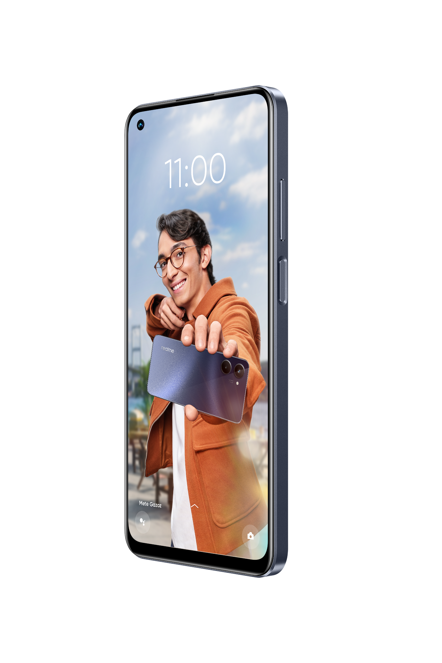Bir kişi, arka plan gösteren bir telefon tutuyor. Telefon mavi ve beyaz.
