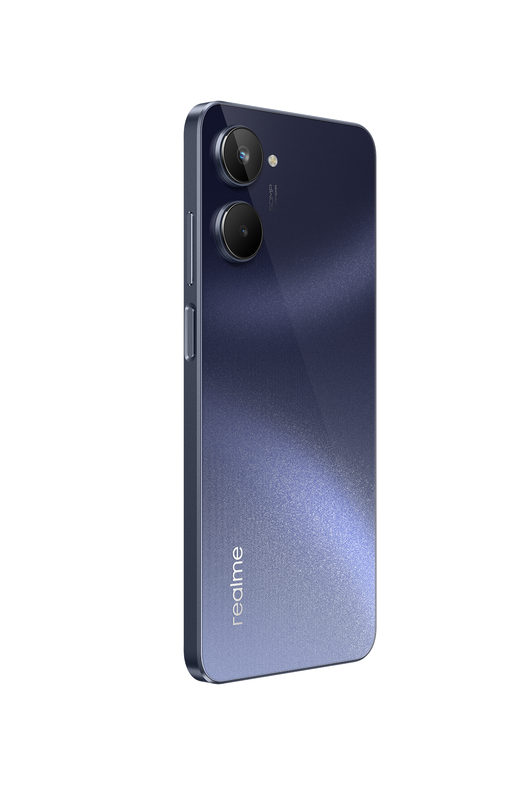 Mavi-mor akıllı telefon, açılı görünüm, çift kamera ve 'realme' logosu ile.