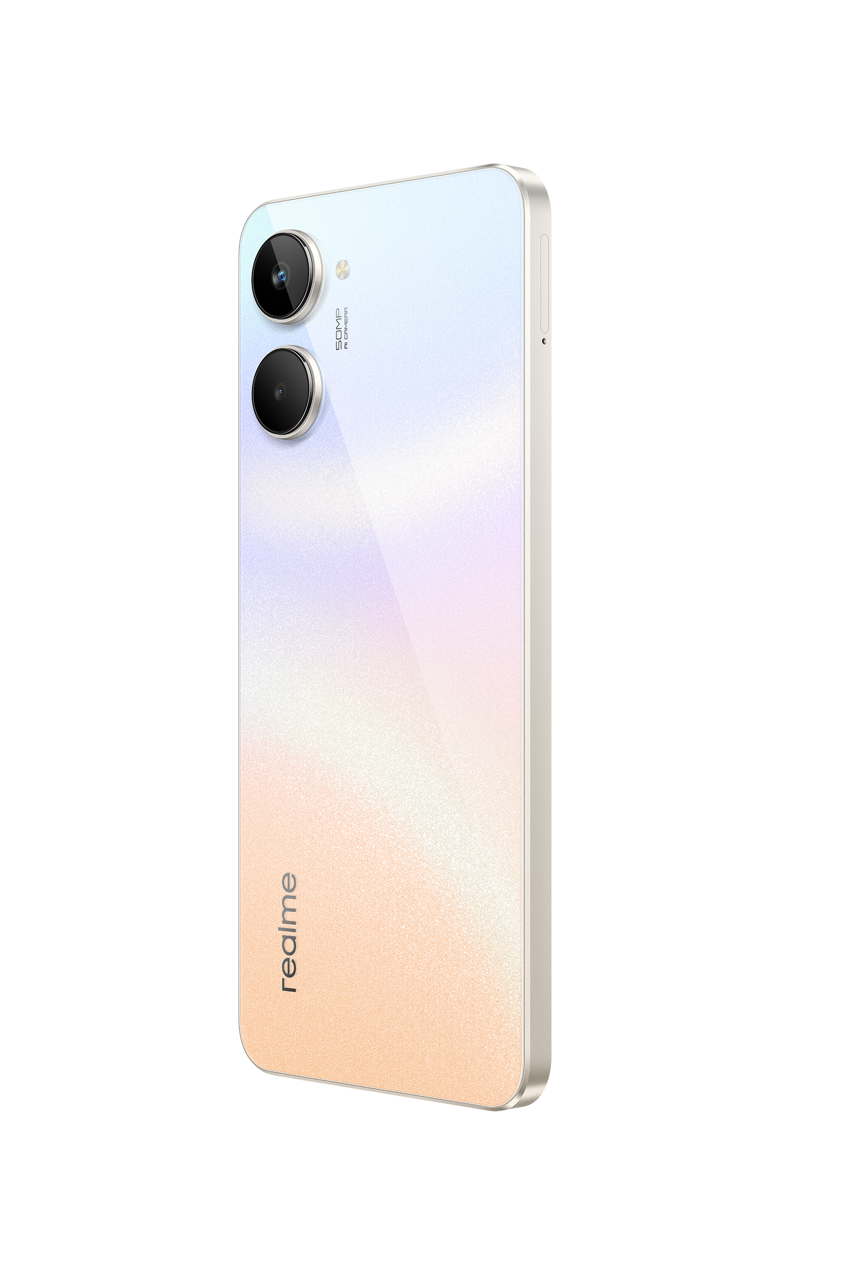 Çift kameralı, renk geçişli ve Realme logolu bir akıllı telefonun siyah arka plan üzerinde yakın çekimi.