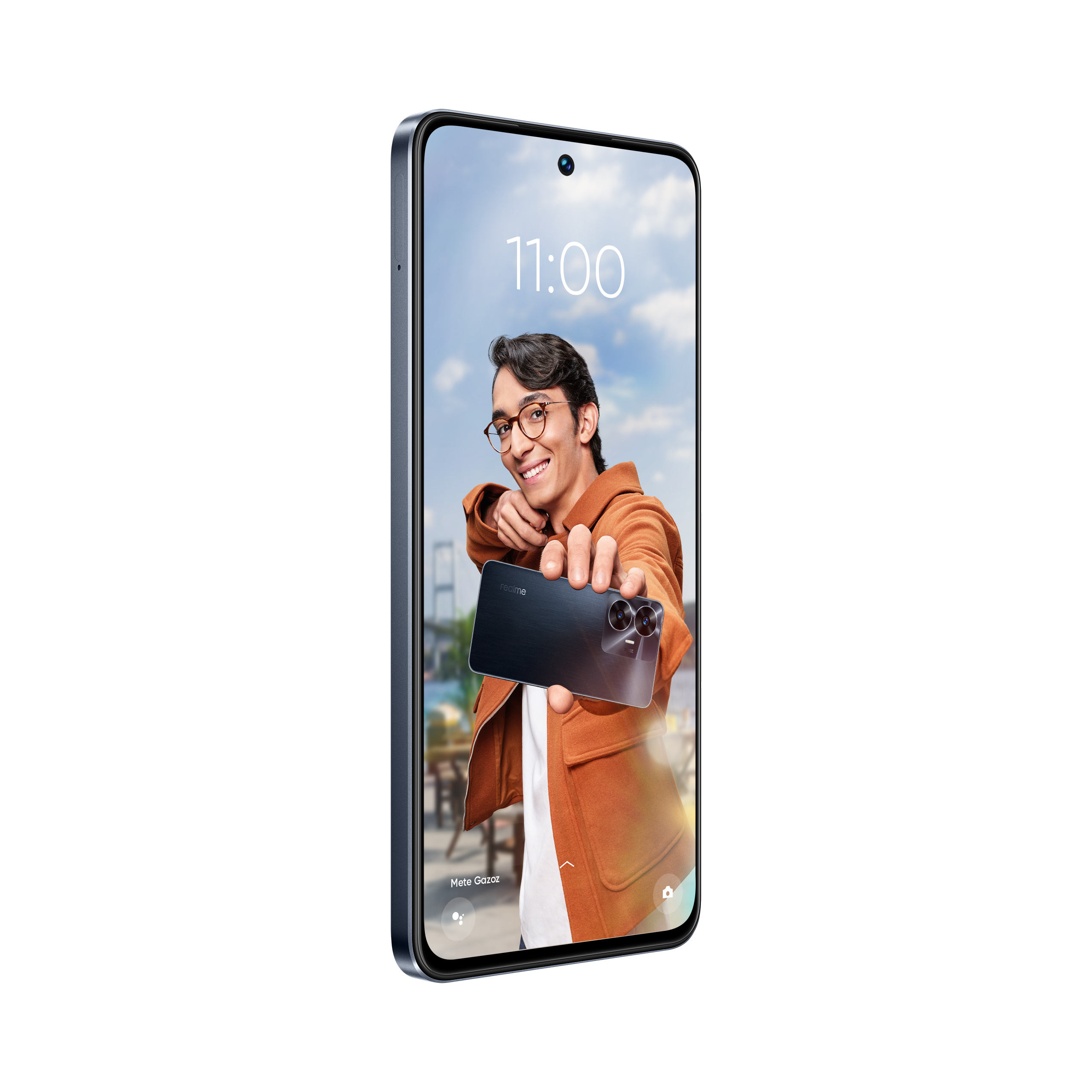 Bir telefon, bir kişinin telefon tutarak fotoğraf çektiğini gösteriyor. Telefonun kenarı mavi.