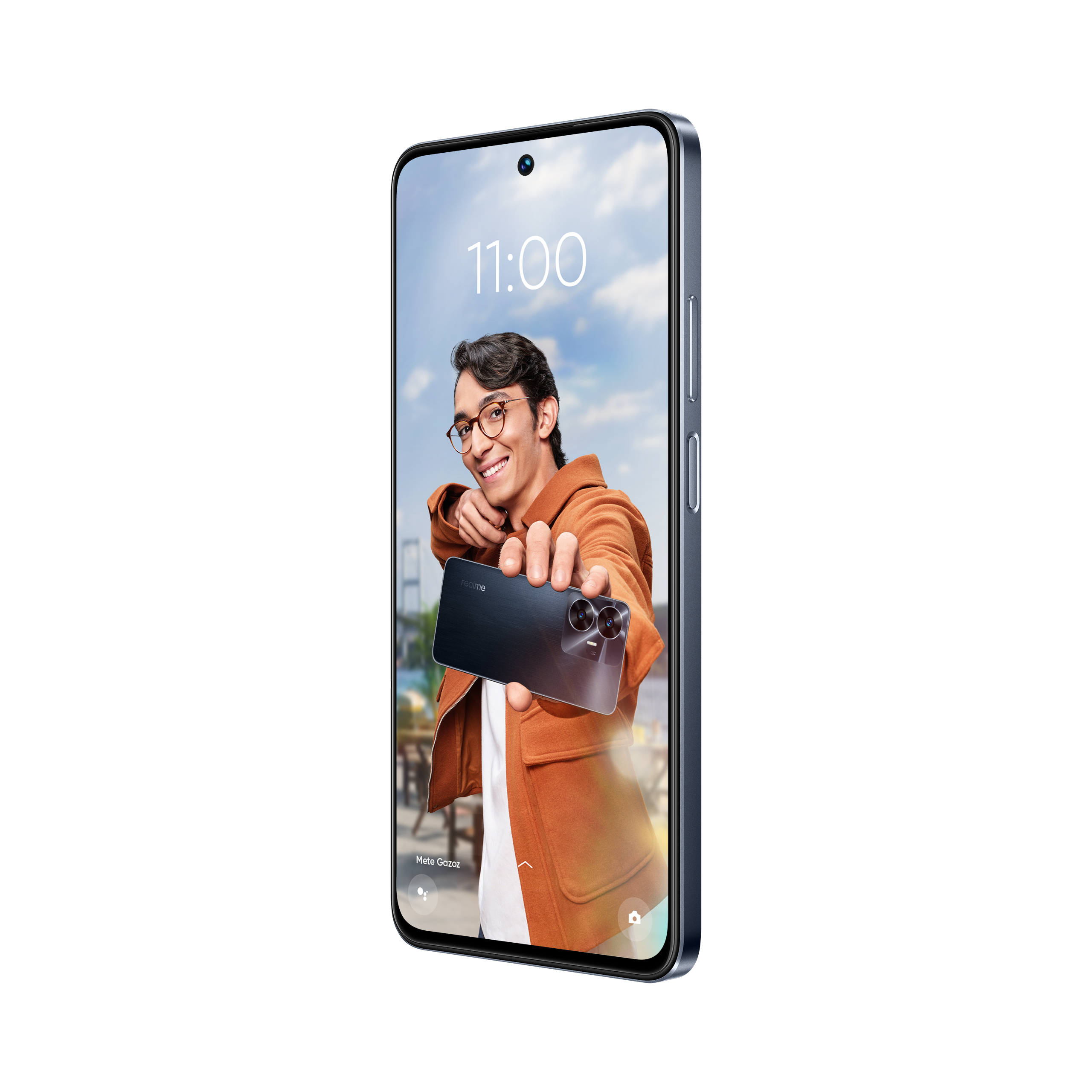 11:00 zamanını gösteren, telefon tutan bir kişiyi gösteren akıllı telefon.