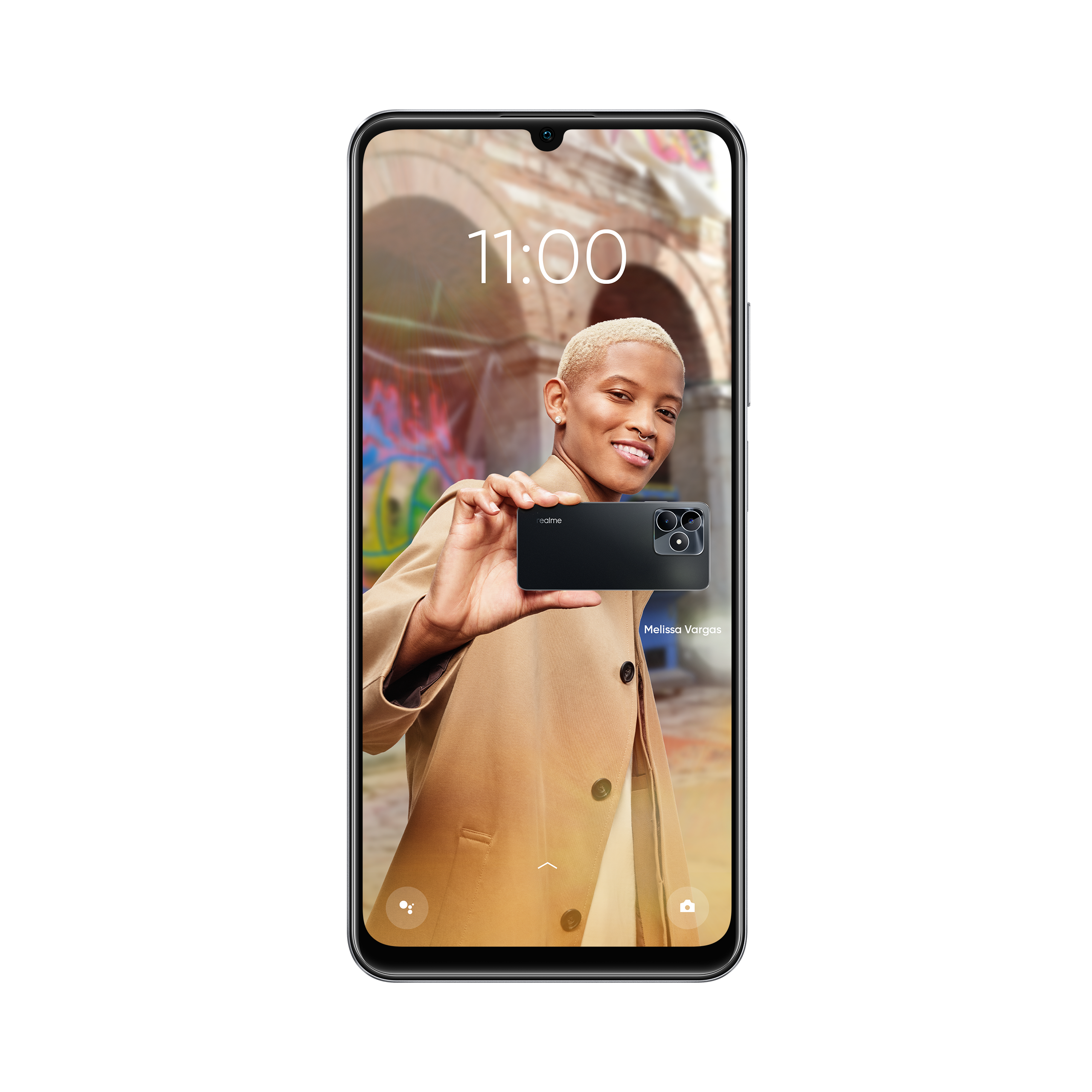 Selfie çeken birini gösteren bir telefon. Telefon siyah.