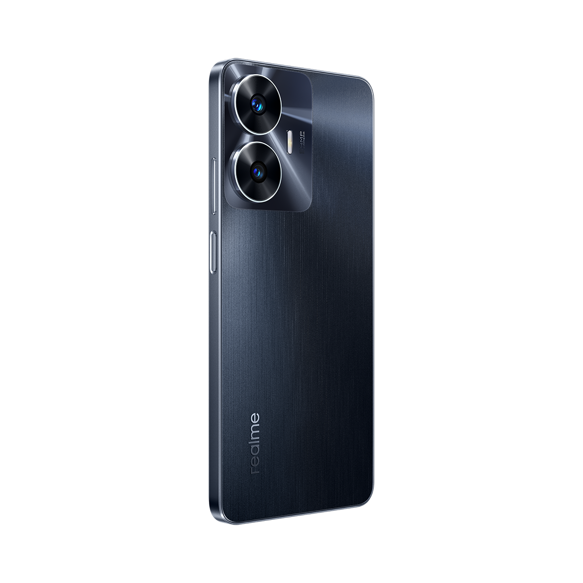 Siyah arka plan üzerinde, çift kamera kurulumuna ve "realme" kelimesine sahip bir akıllı telefon.