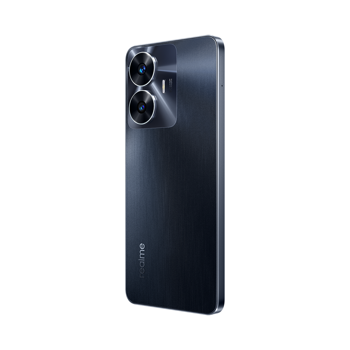 Koyu gri akıllı telefon, arka görünüm, çift kamera ve realme.