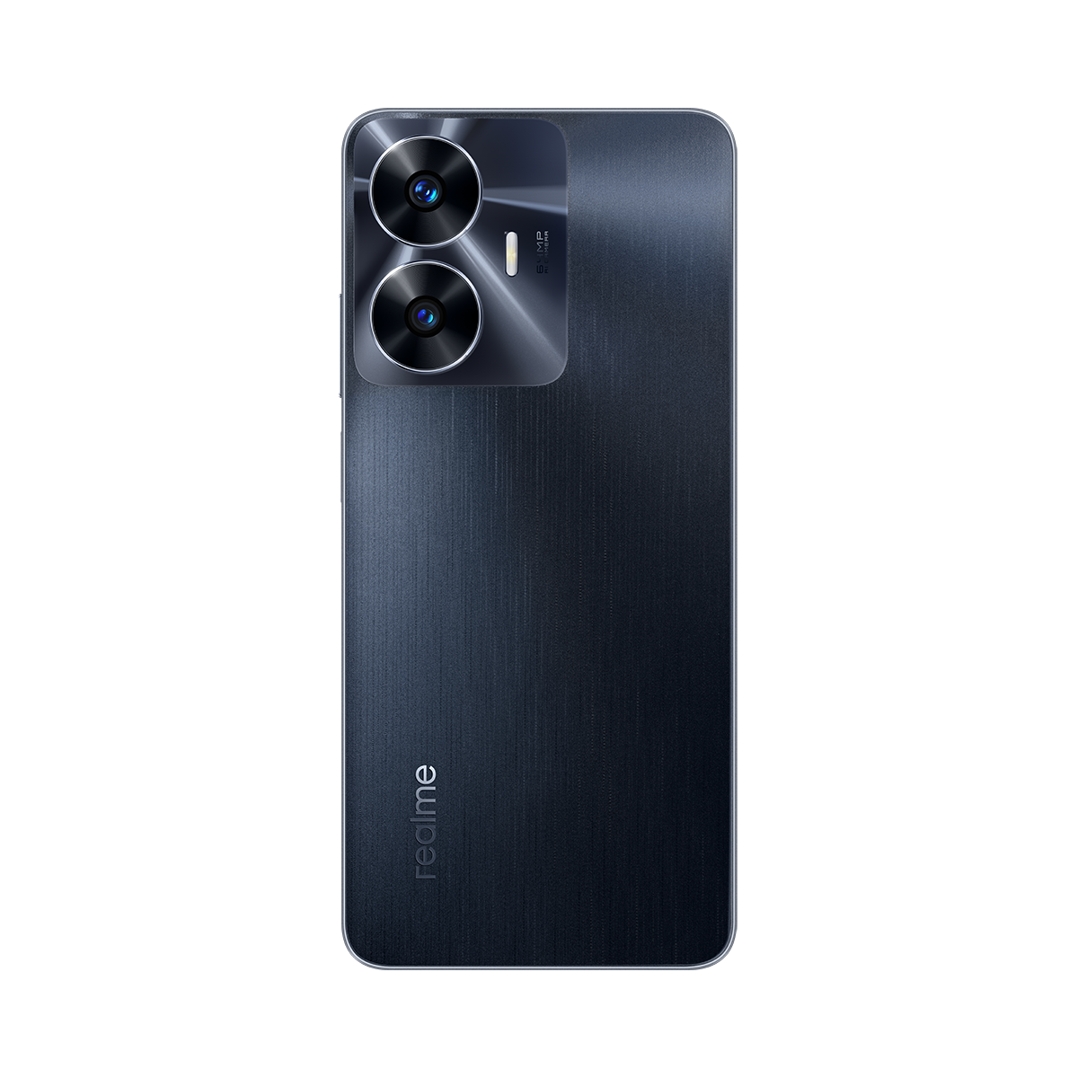 Akıllı telefonun arkası, koyu mavi, çift kameralı ve Realme logosu ile.