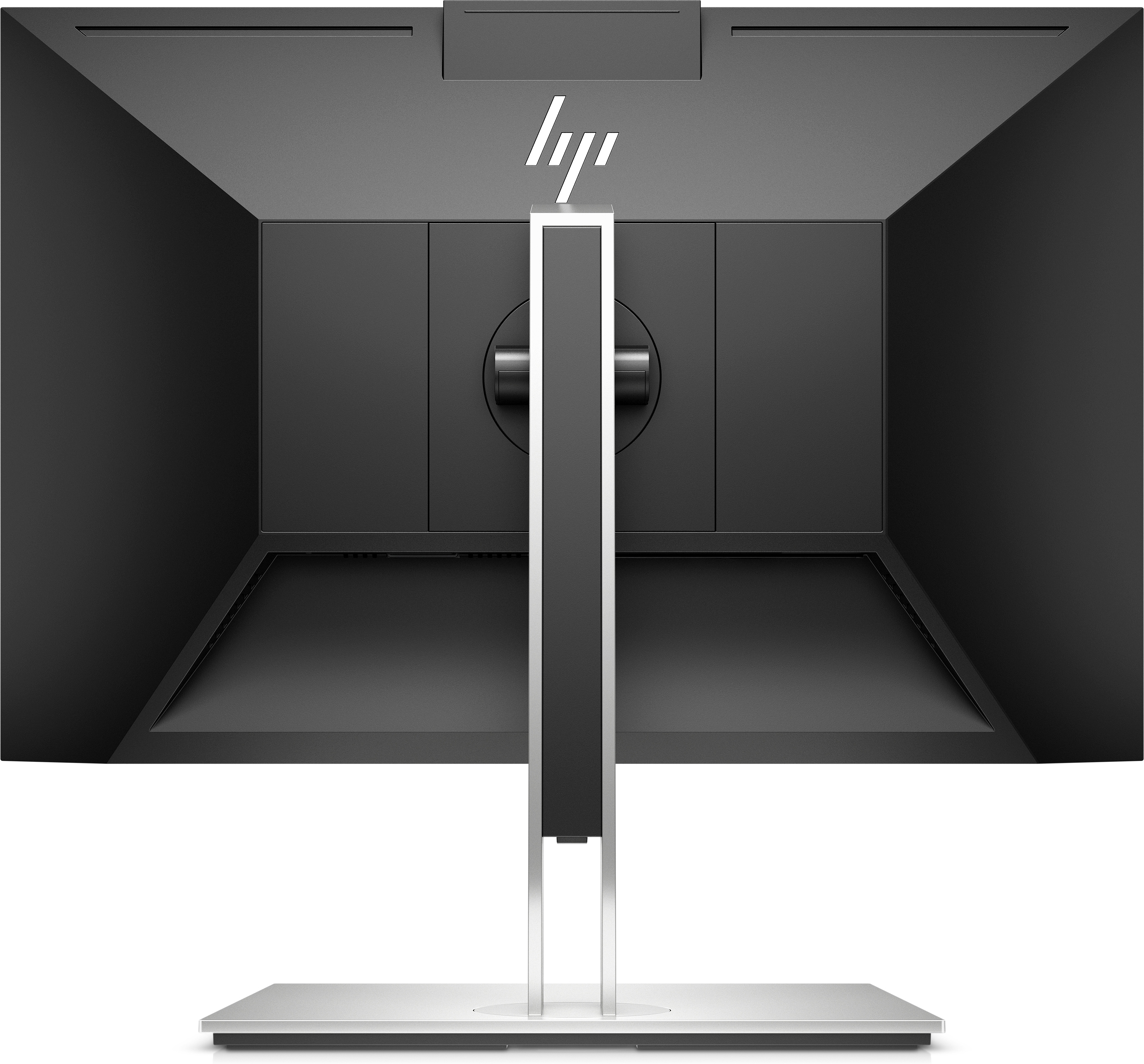 Die Rückseite eines schwarzen Computermonitors mit silbernem Ständer auf weißer Fläche.