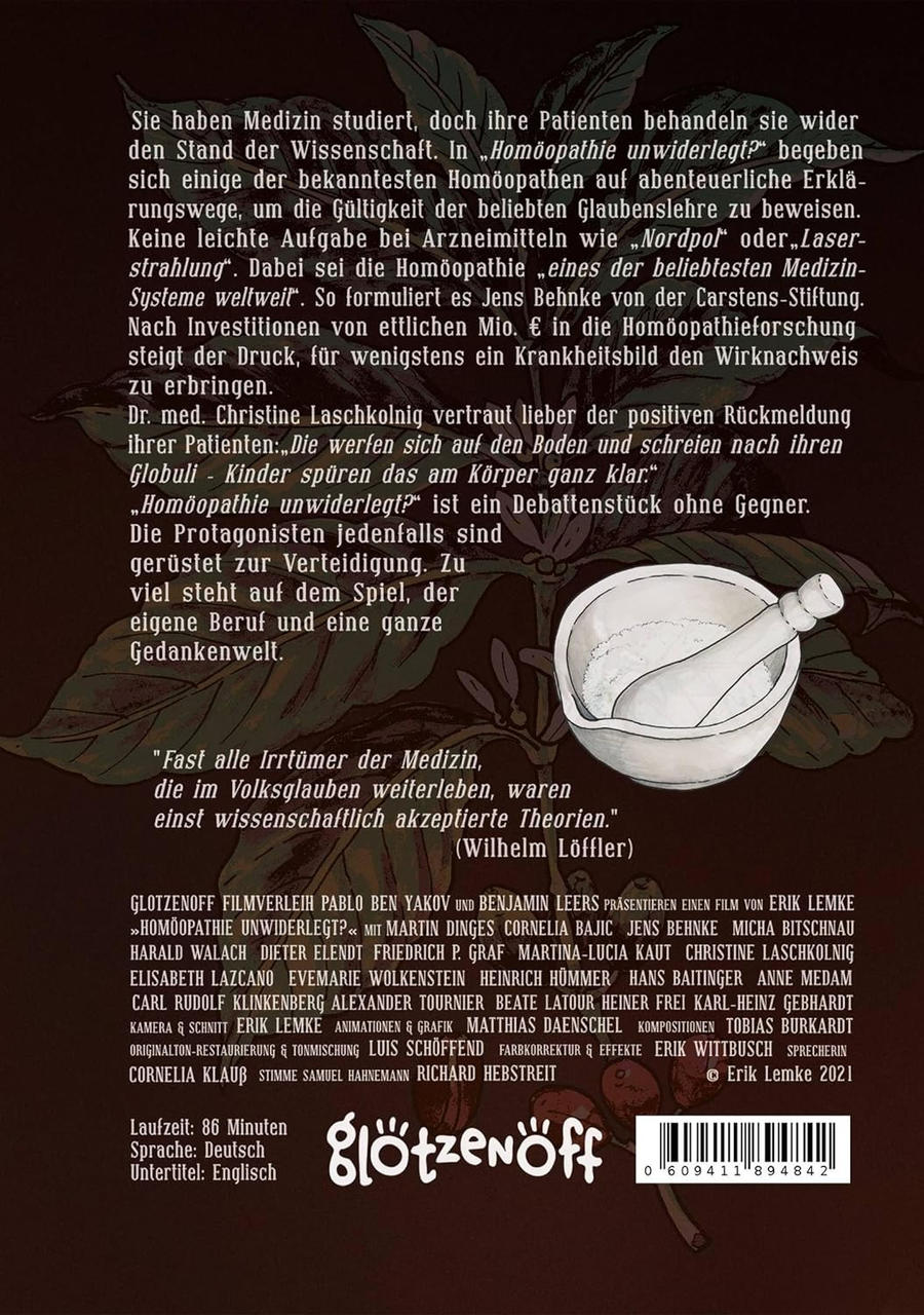 Buchcover mit Mörser und Stößel-Illustration. Text auf Deutsch, Titel: Homöopathie Unwiderlegt.