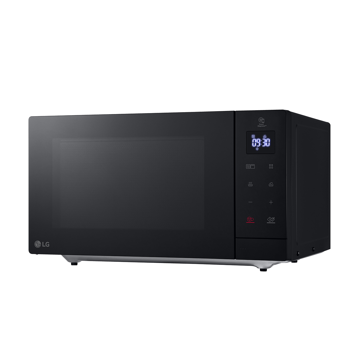 Un forno a microonde nero con display digitale.