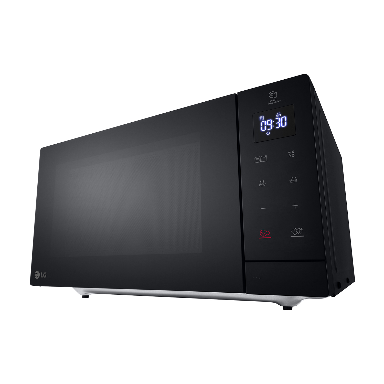 Microonde LG nero con display digitale. I pulsanti sono visibili.
