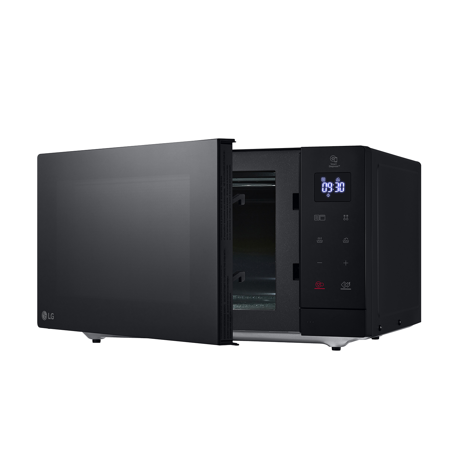 Un forno a microonde nero con la porta aperta, che mostra l'interno e un display digitale.