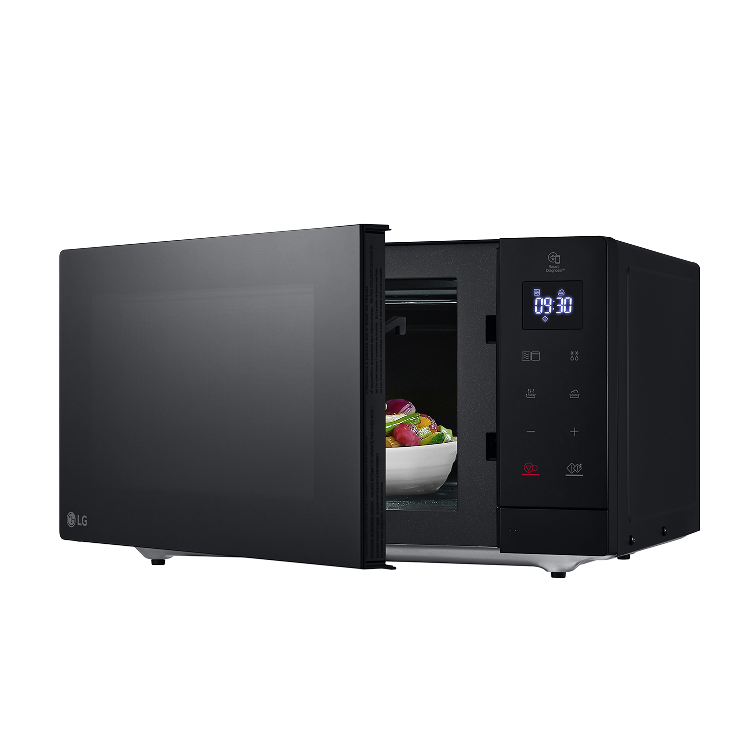 Microonde LG nero, porta aperta. Ciotola di cibo all'interno.