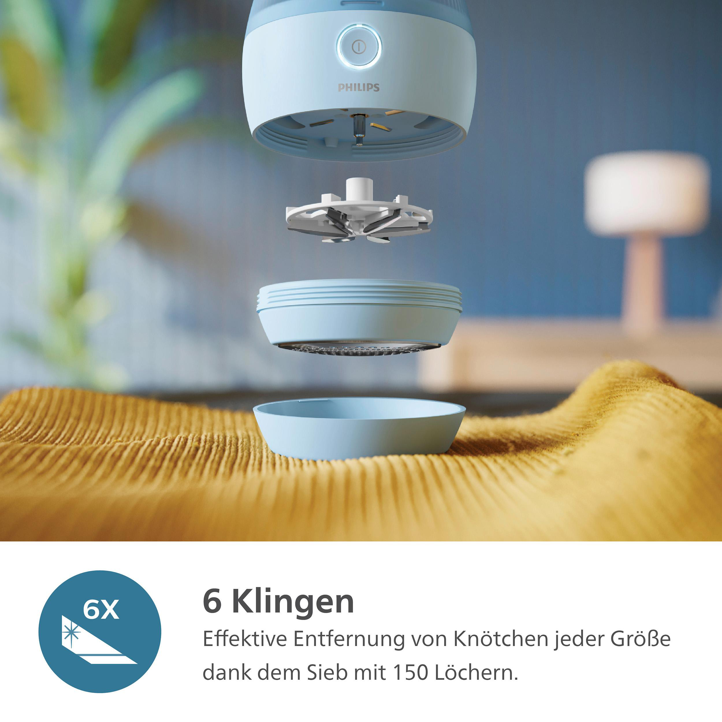 Ein blaues und weißes Gerät mit einer Darstellung seiner Teile.