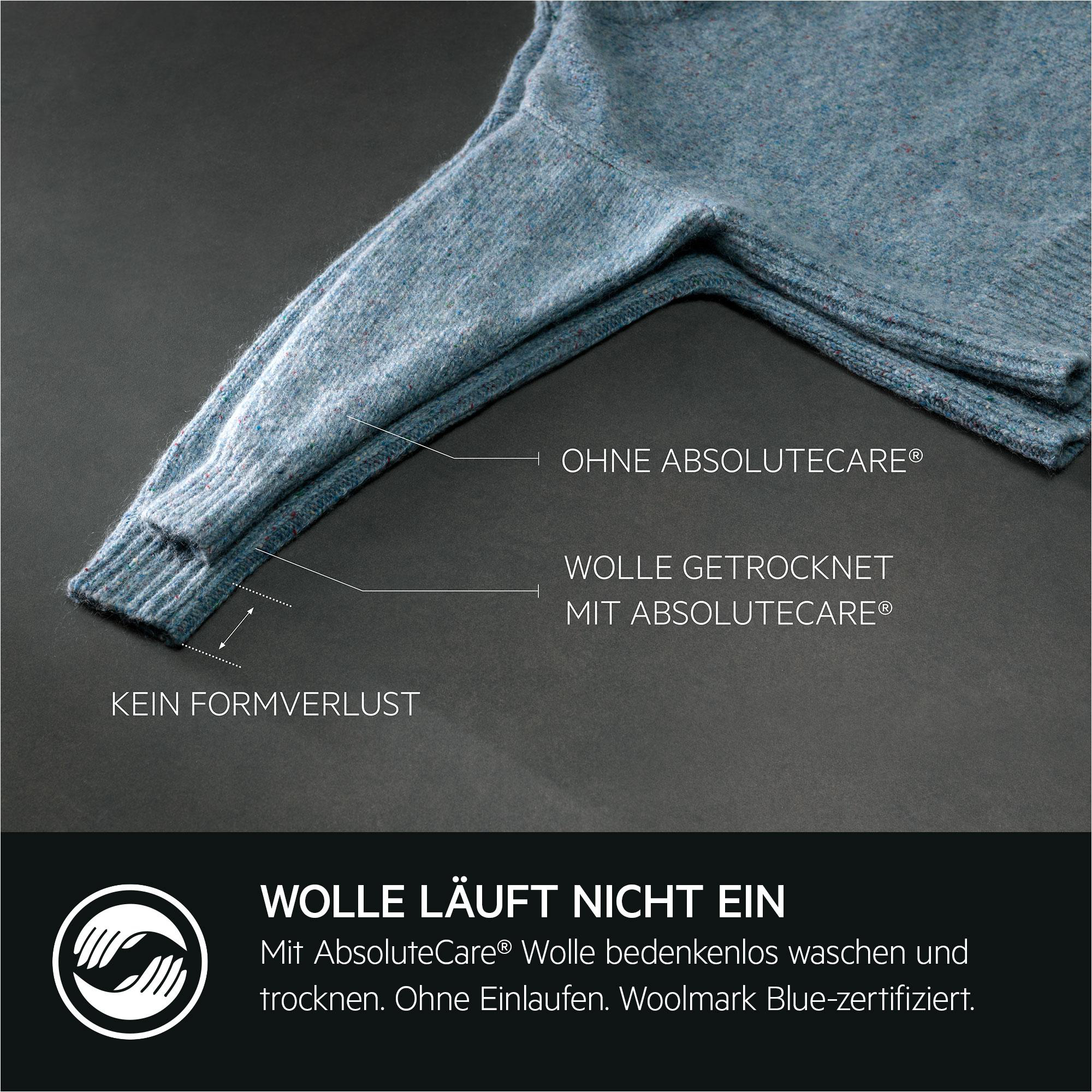 Nahaufnahme eines blauen Pulloverärmels mit dem Text 'Wolle läuft nicht ein'.