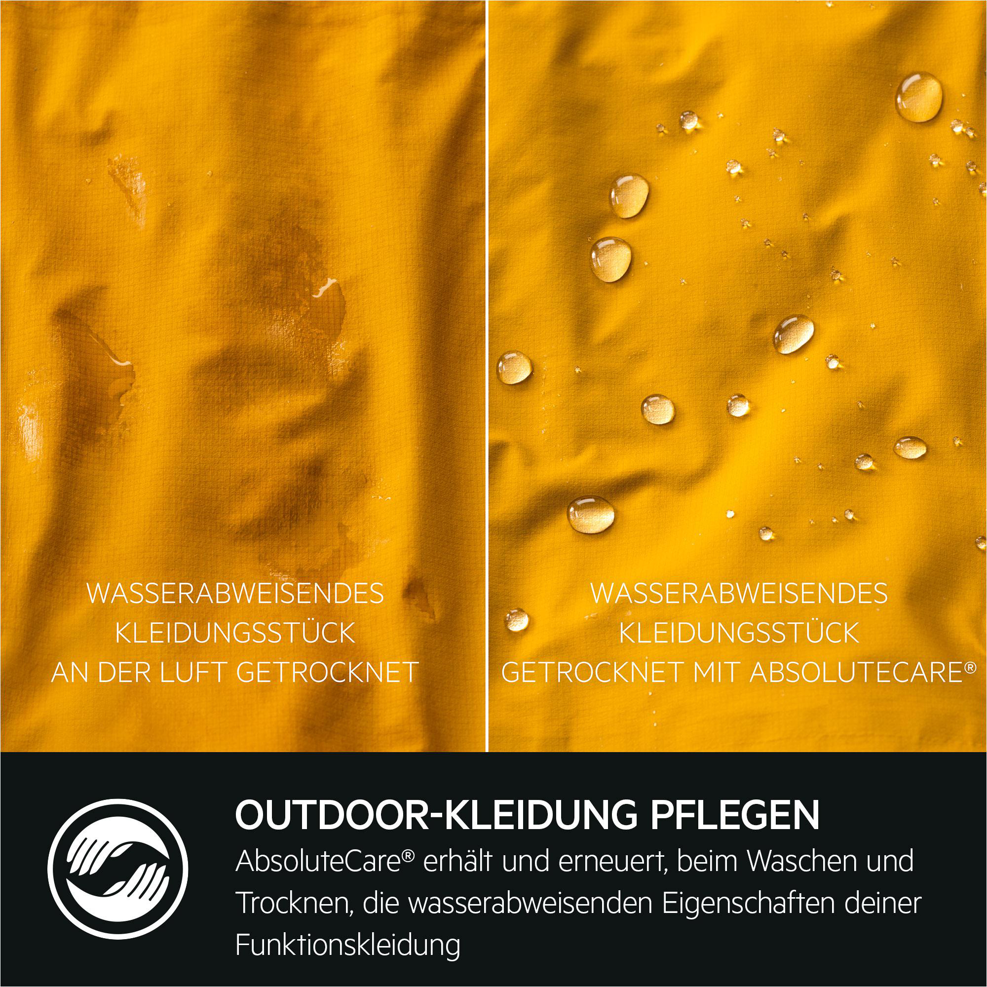 Zwei Tafeln zeigen wasserabweisenden Stoff und Text über Outdoor-Kleidungspflege.