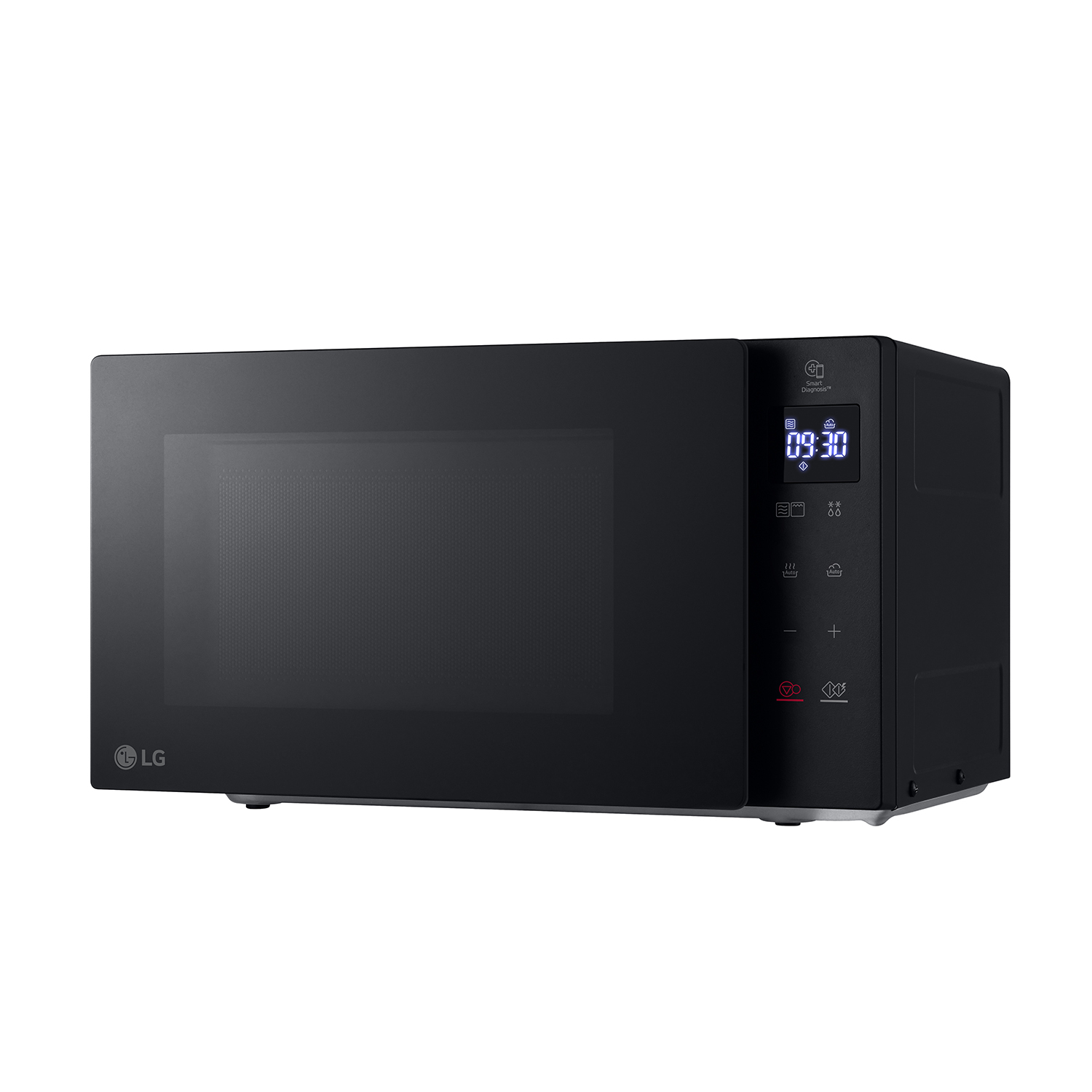 Microonde nero con display digitale. Logo LG a sinistra.