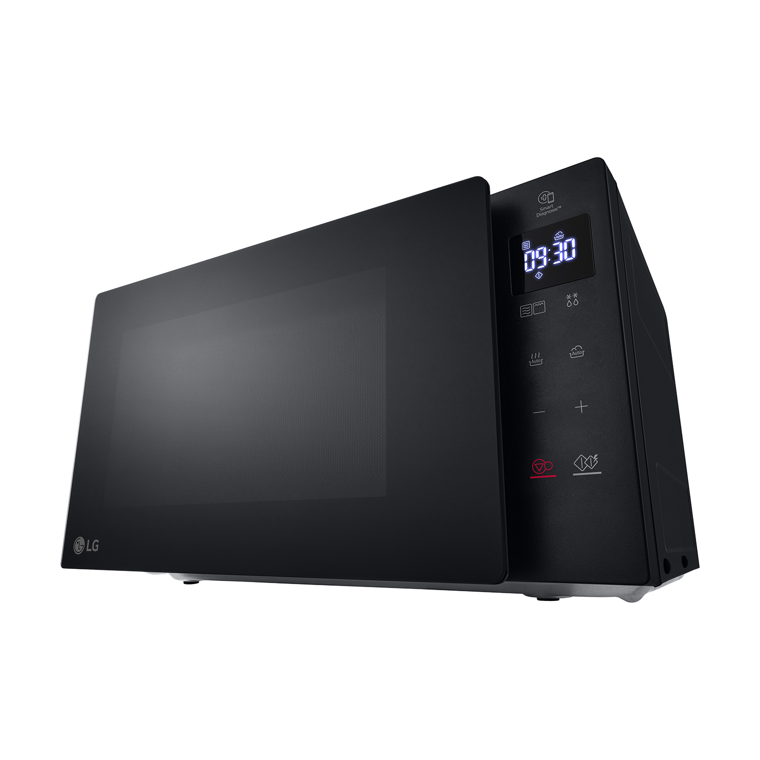 Microonde LG nero con porta aperta, display che mostra l'ora. Il microonde è su una superficie chiara, vista angolata.