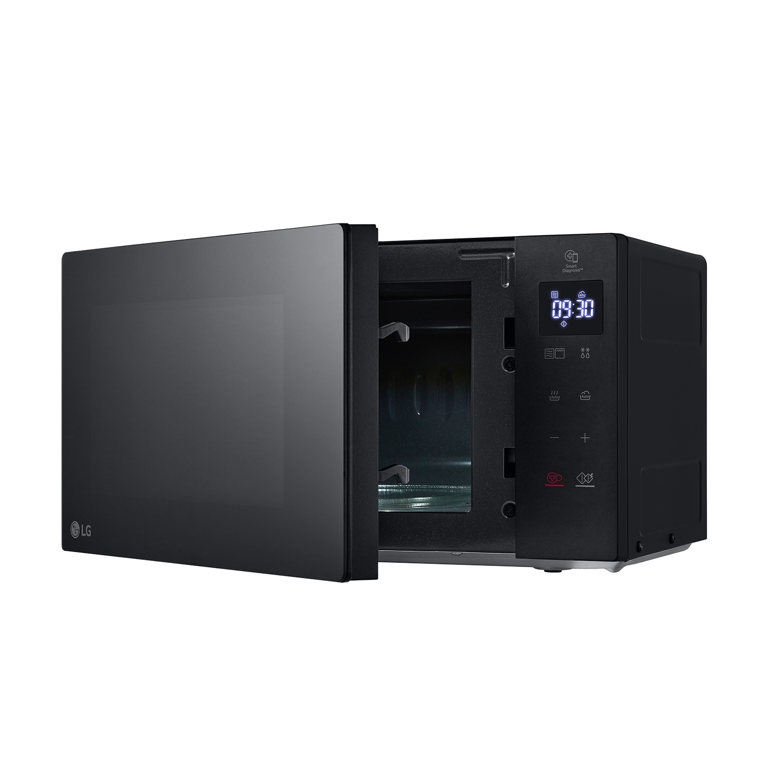 Un forno a microonde LG nero con la porta aperta, che mostra l'interno.