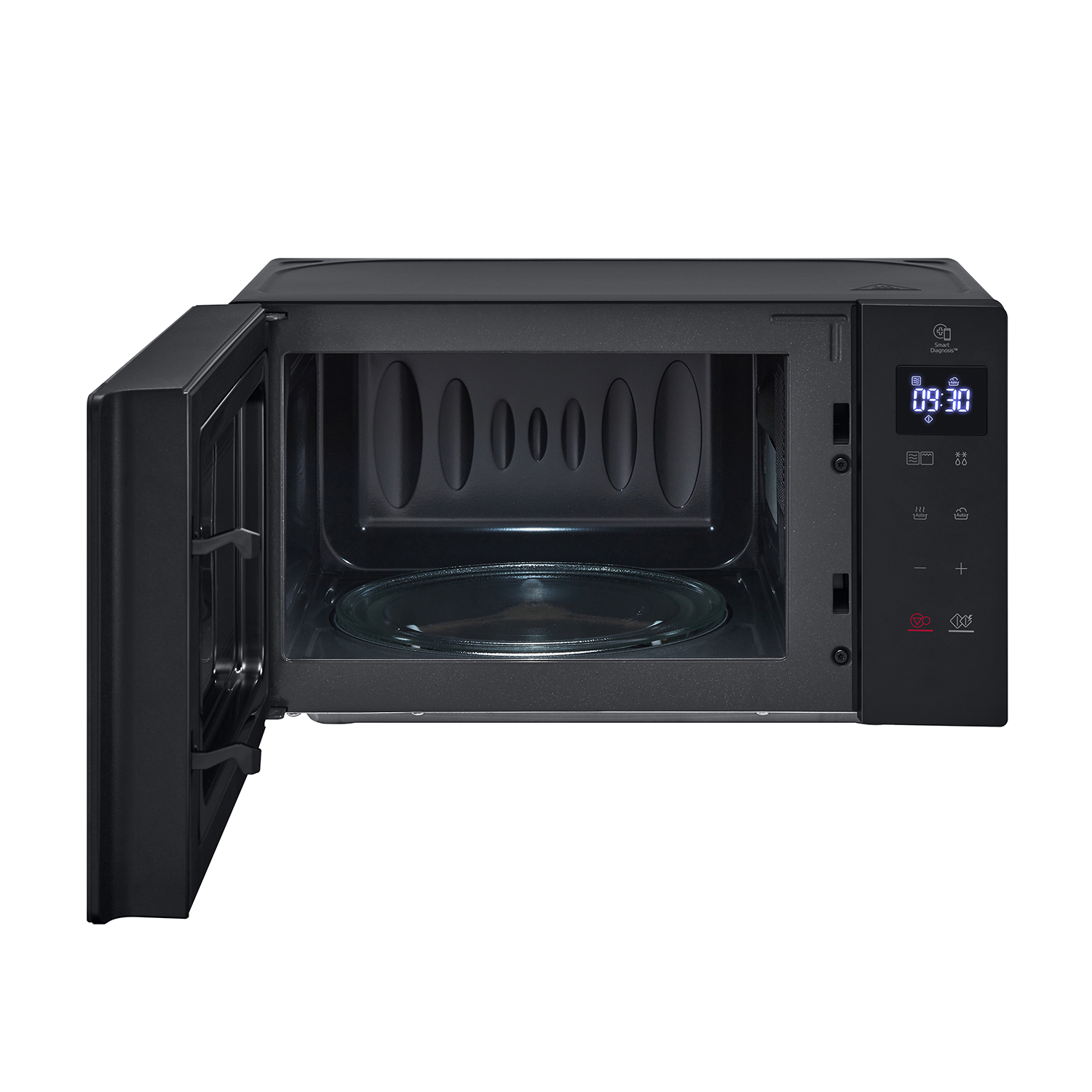 Forno a microonde nero con porta aperta, che mostra l'interno e un display digitale.