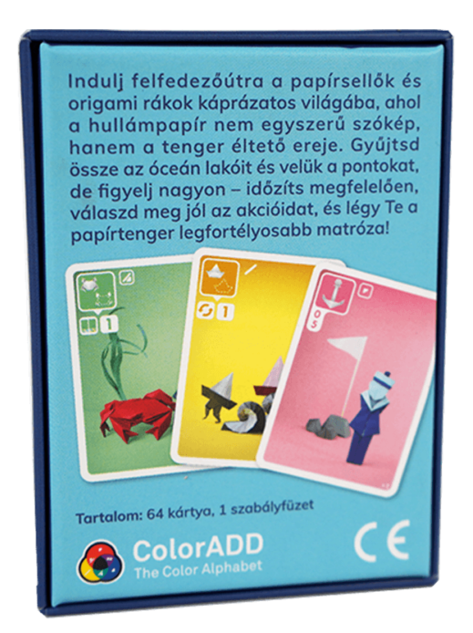 Társasjáték doboza. Színes kártyákat tartalmaz origami figurákkal és játékutasításokkal.