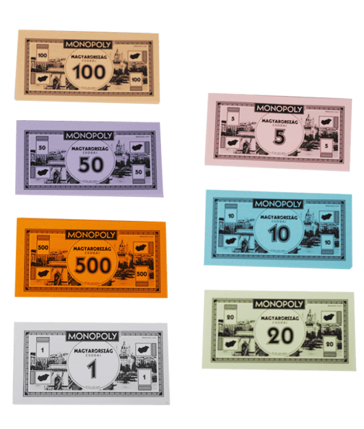 Különböző színű Monopoly bankjegyek, 1, 5, 10, 20, 50, 100 és 500 értékben.