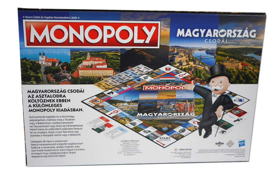 Monopoly társasjáték doboza. Színes képeket és szöveget tartalmaz magyarul, Monopoly-ember illusztrációval.