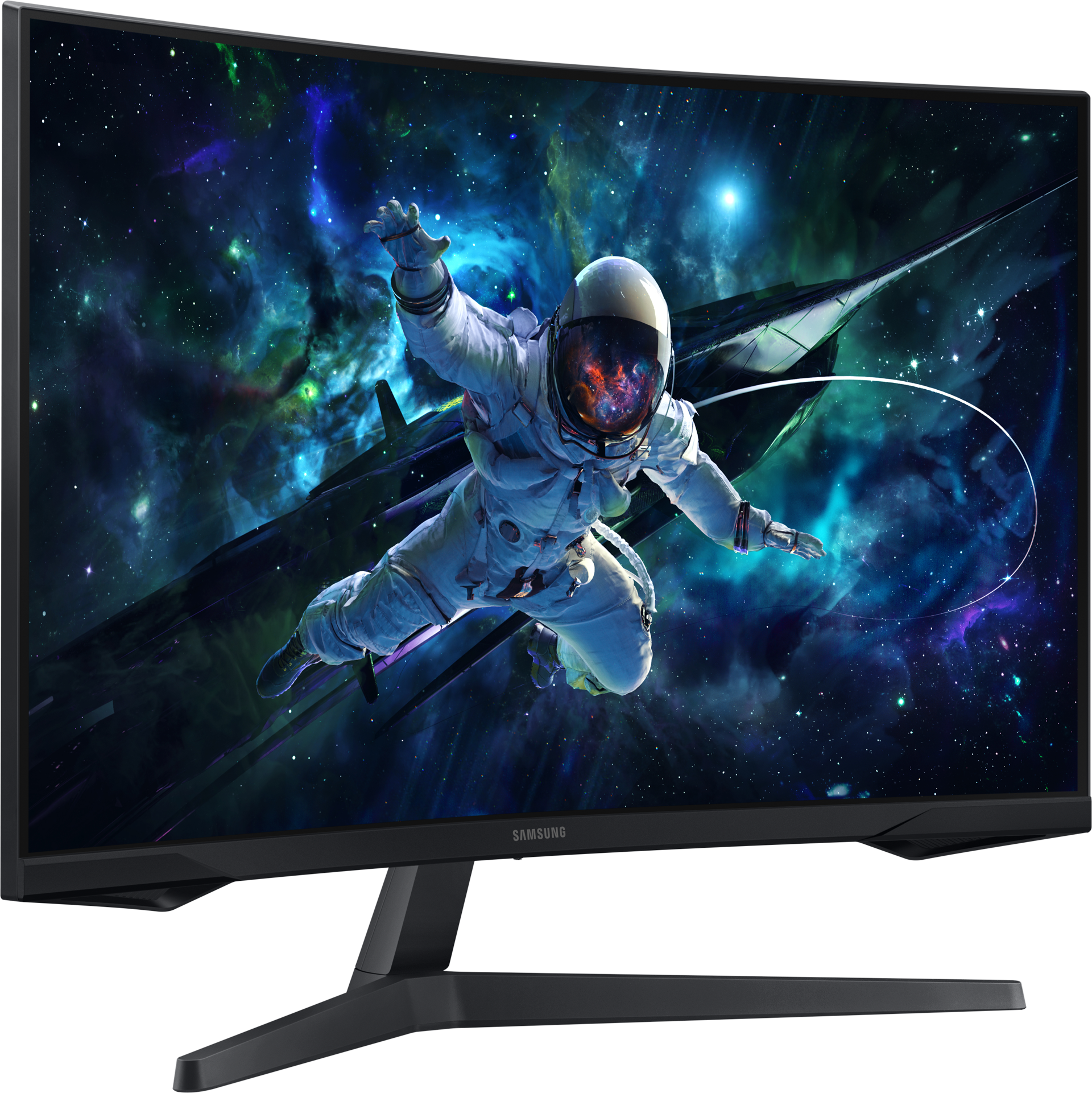 Un moniteur Samsung incurvé avec une scène spatiale.