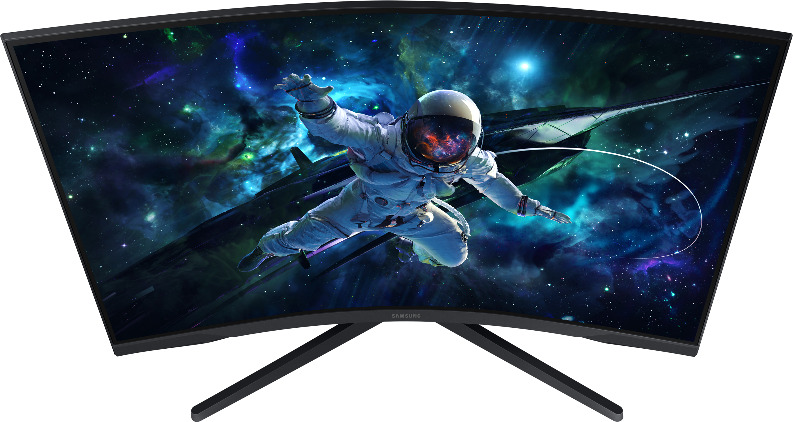 Moniteur incurvé avec un astronaute dans l'espace. L'affichage est dans l'espace. Lunette et support noirs.
