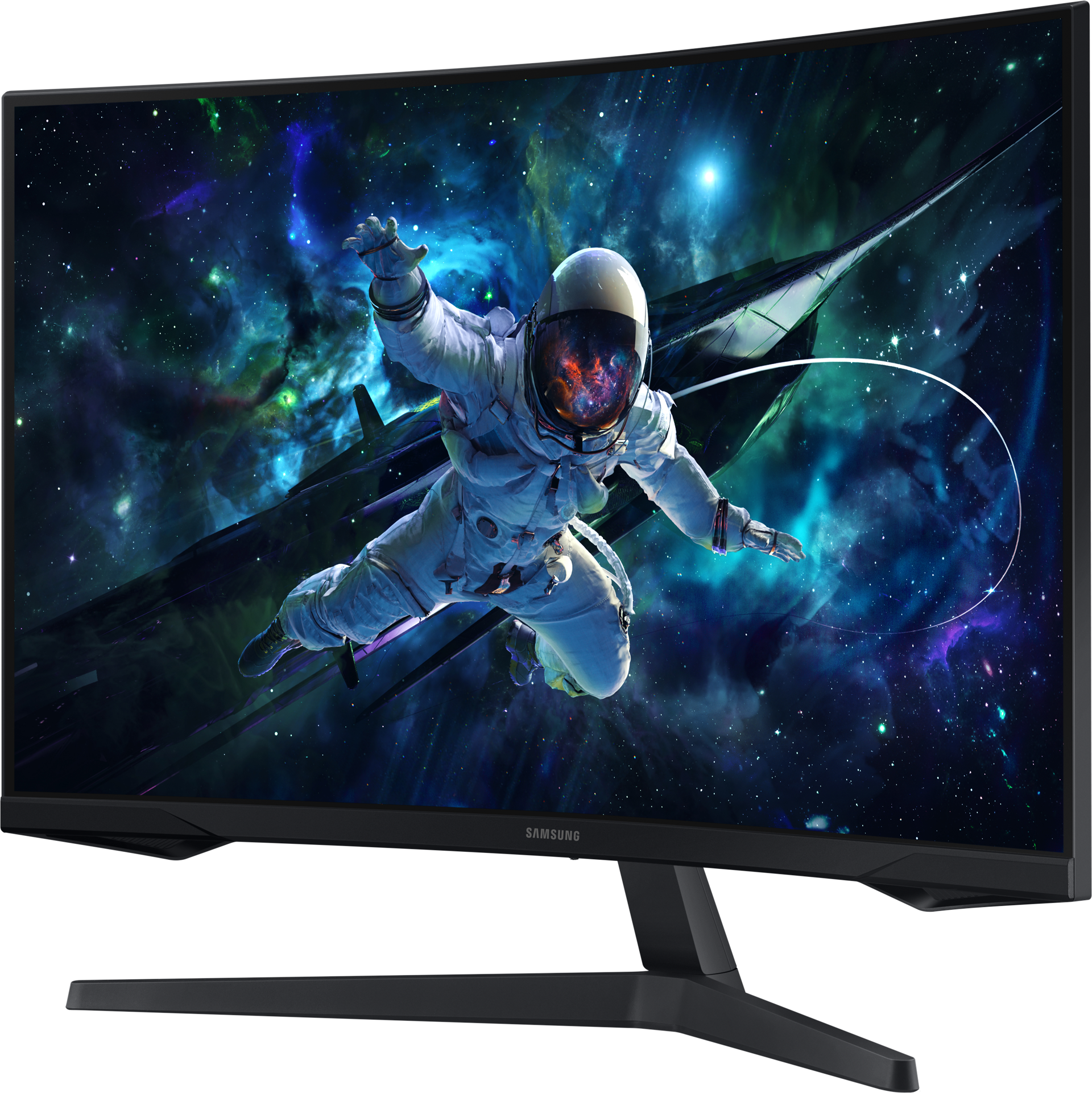 Moniteur Samsung incurvé affichant un astronaute dans l'espace.