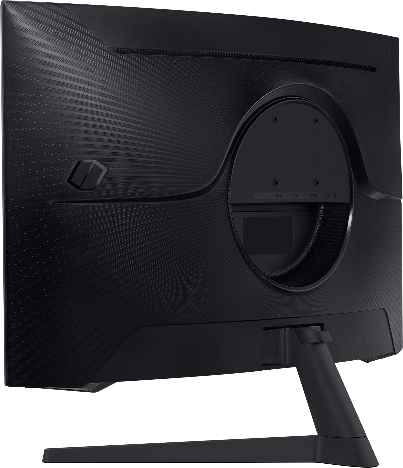 Dos d'un moniteur d'ordinateur noir avec ports, un support et un design unique.