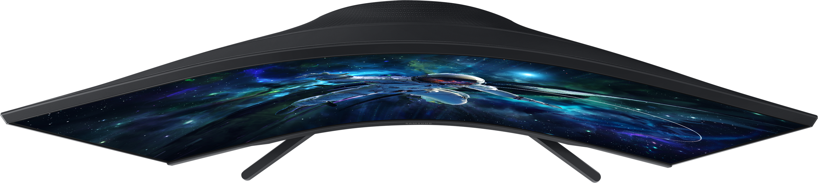 Moniteur incurvé avec un vaisseau spatial dans l'espace. Lunette et support noirs. L'affichage est dans l'espace.