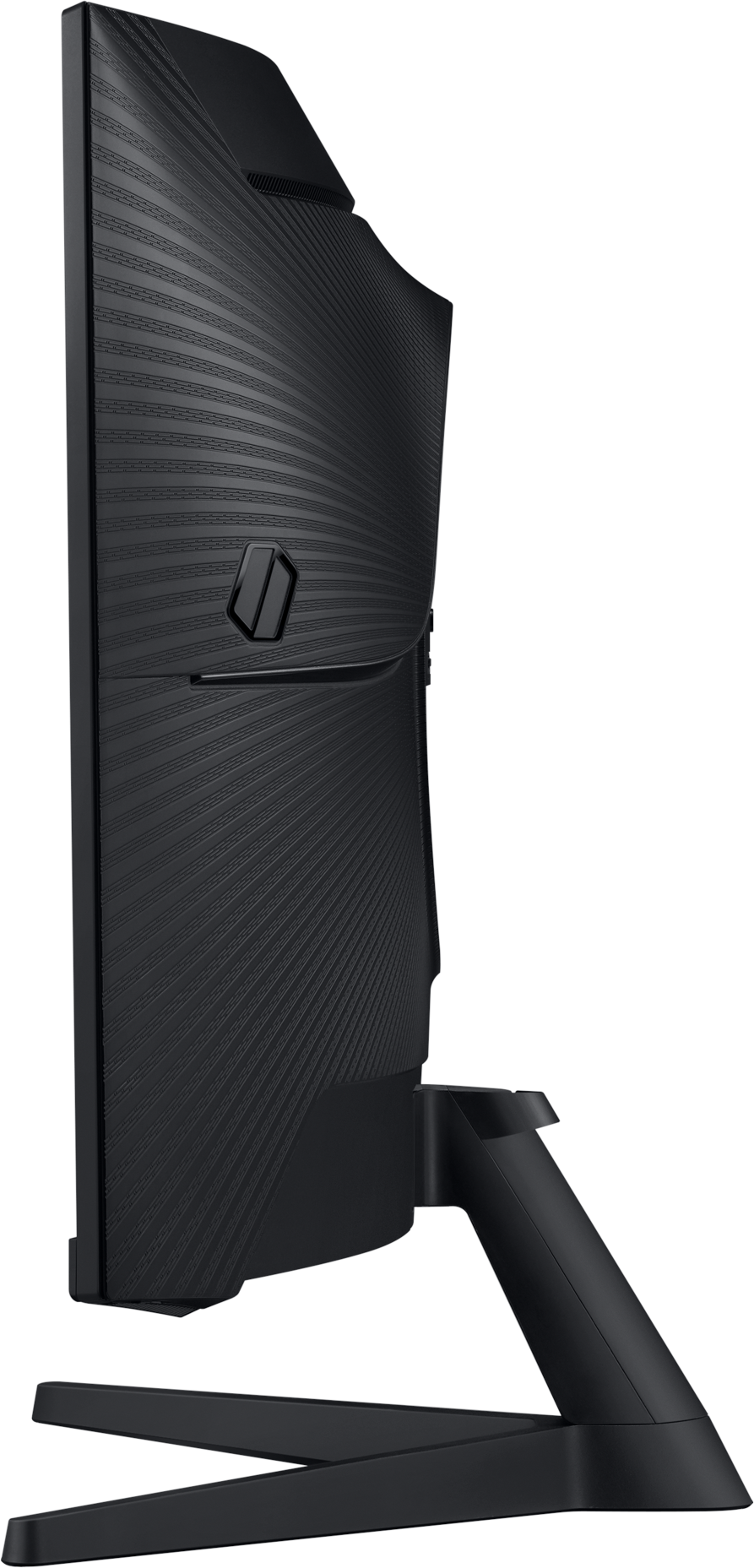 Vue latérale d'un moniteur incurvé Samsung noir.