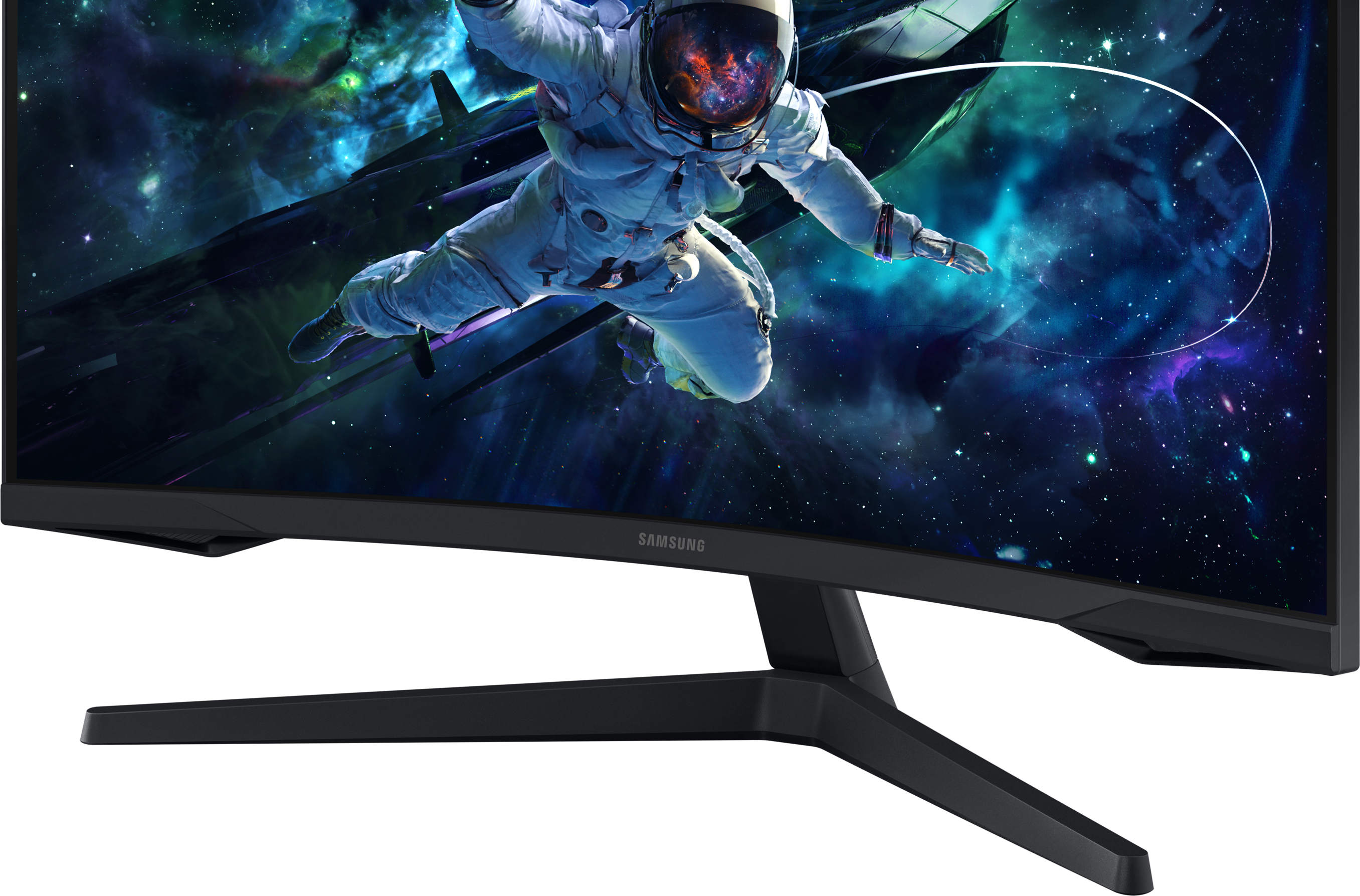 Moniteur Samsung incurvé avec un astronaute dans l'espace en arrière-plan.