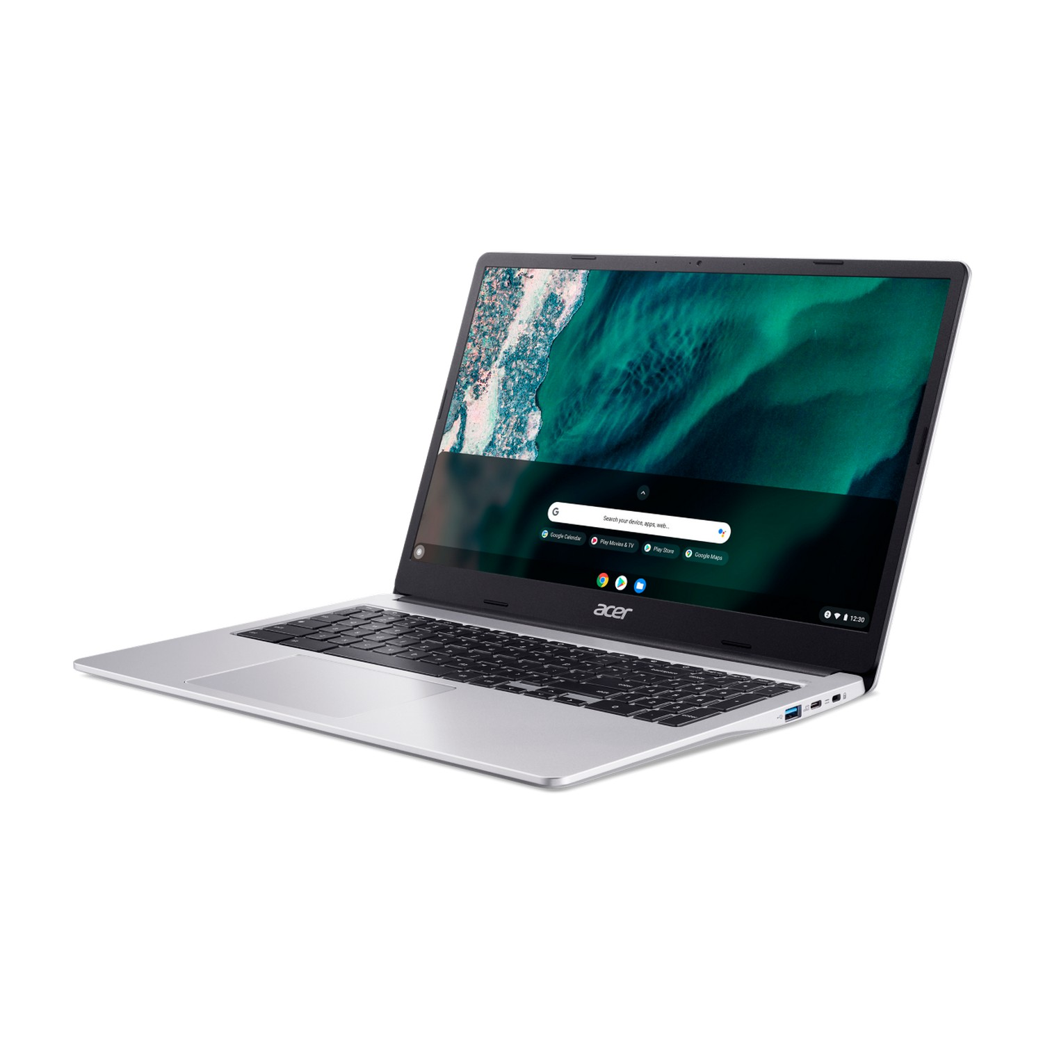 Silver Acer laptop open, displaying an image on the screen.