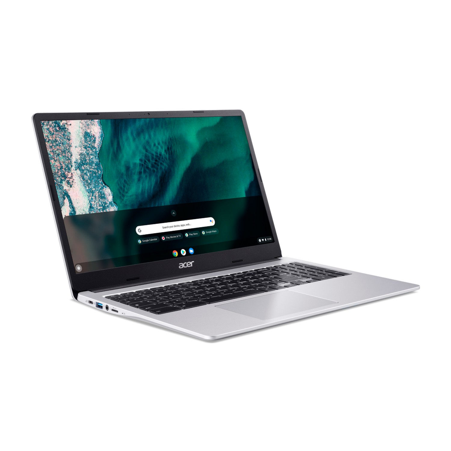 A silver Acer laptop is open, displaying a website on a white background.