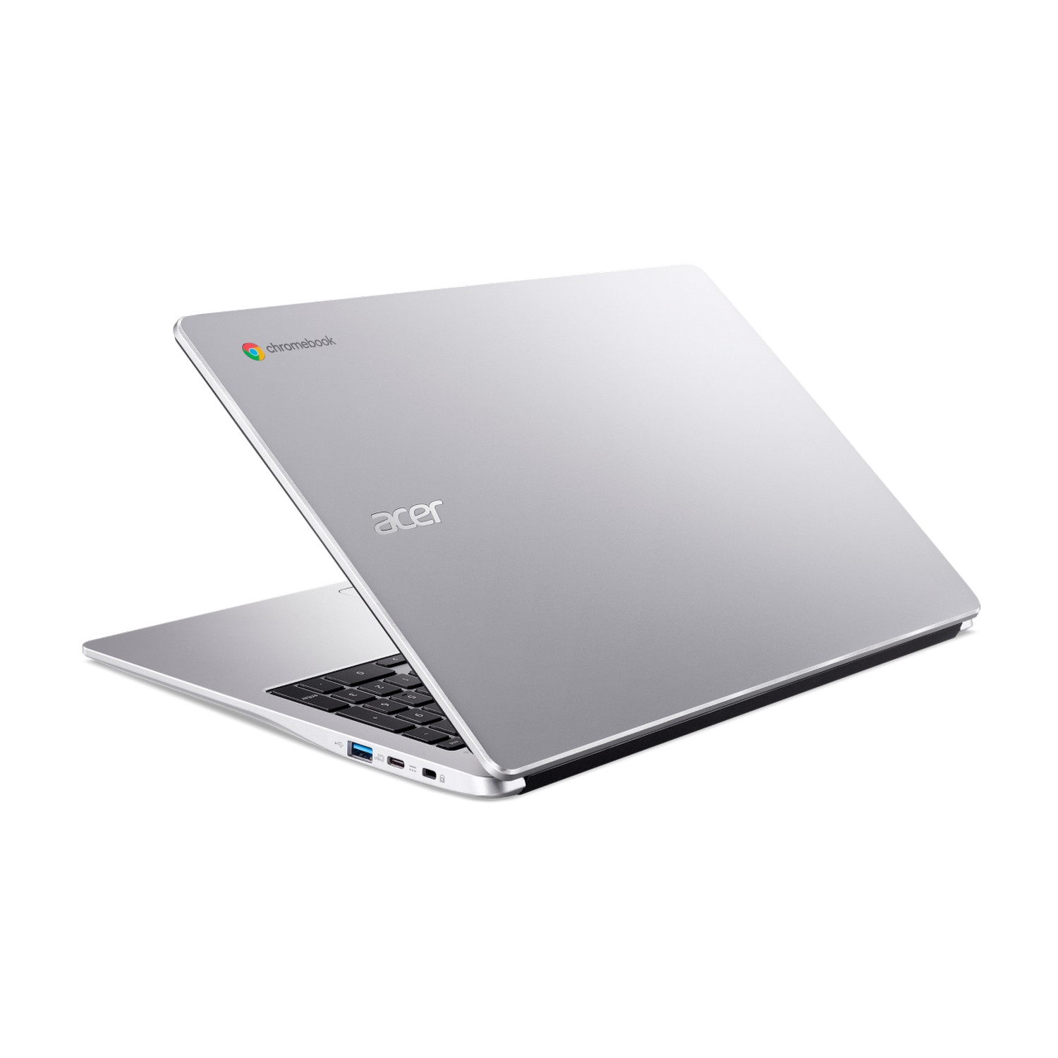 A silver Acer Chromebook laptop, open, on a white surface, with its back facing.