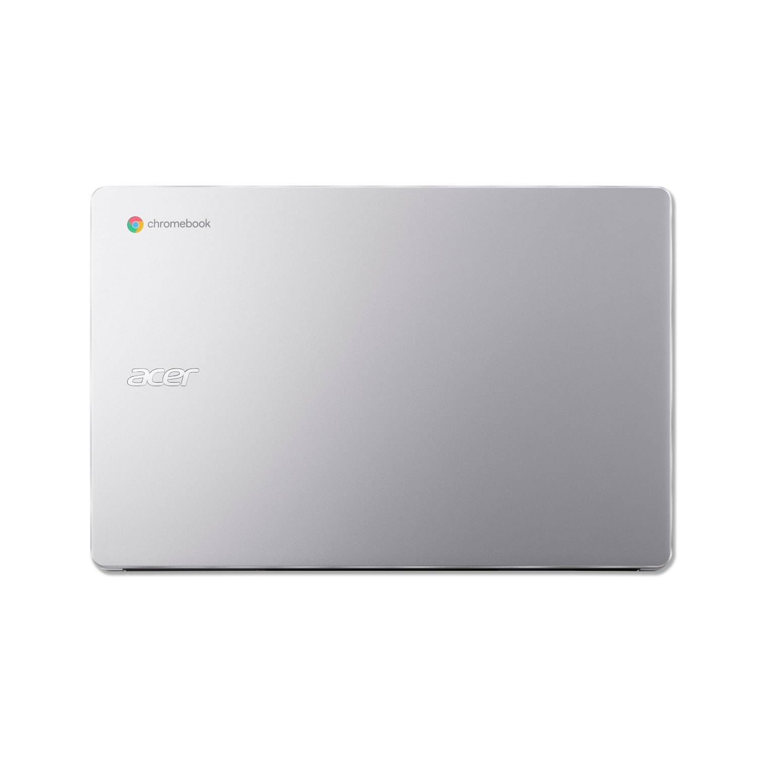 The back of a silver Acer Chromebook laptop, with the brand logo and the Chromebook logo.