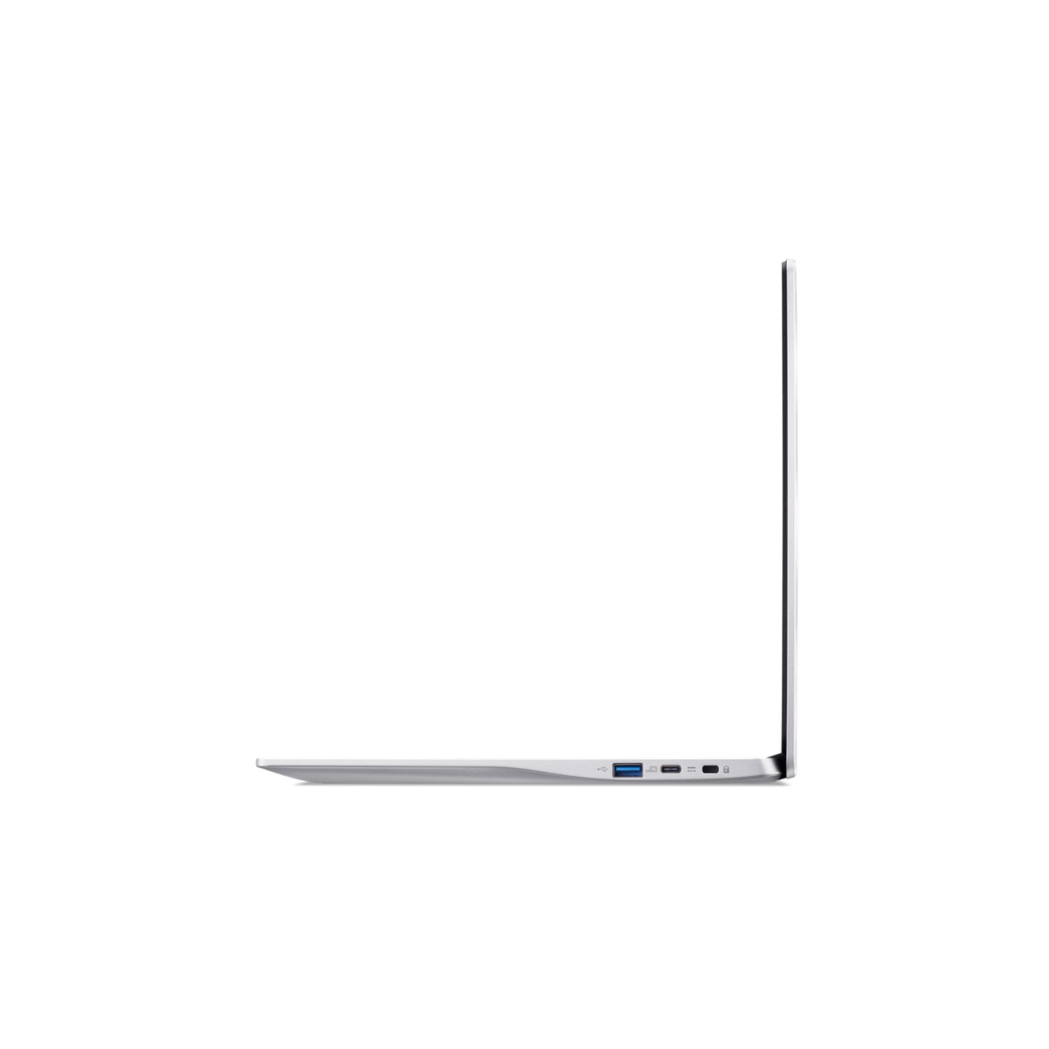 Side view of a thin silver laptop, with ports on the left side.