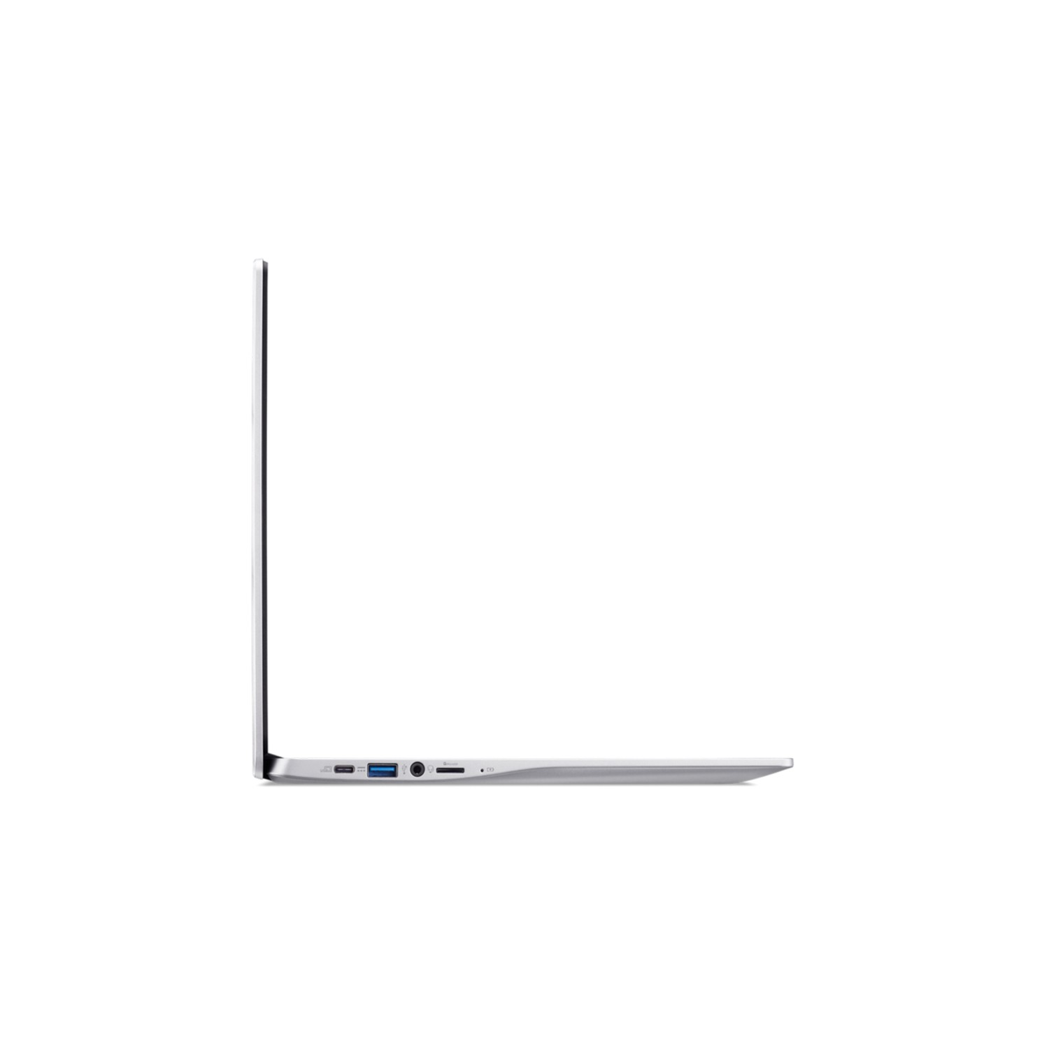 A side view of a white laptop, showing its thin profile. The ports are visible.