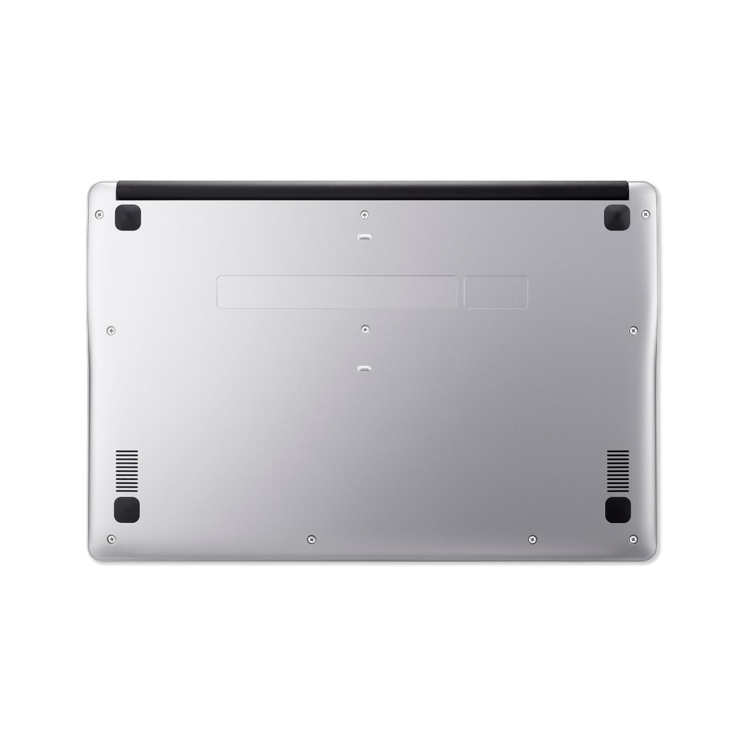 Bottom of a laptop, silver color, with ventilation slots and rubber feet. White background.