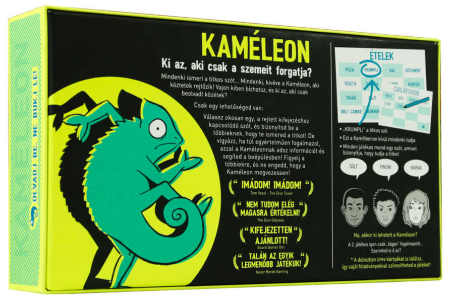 Egy 'Kameleon' nevű játék dobozának hátulja, magyar szöveggel és illusztrációval.