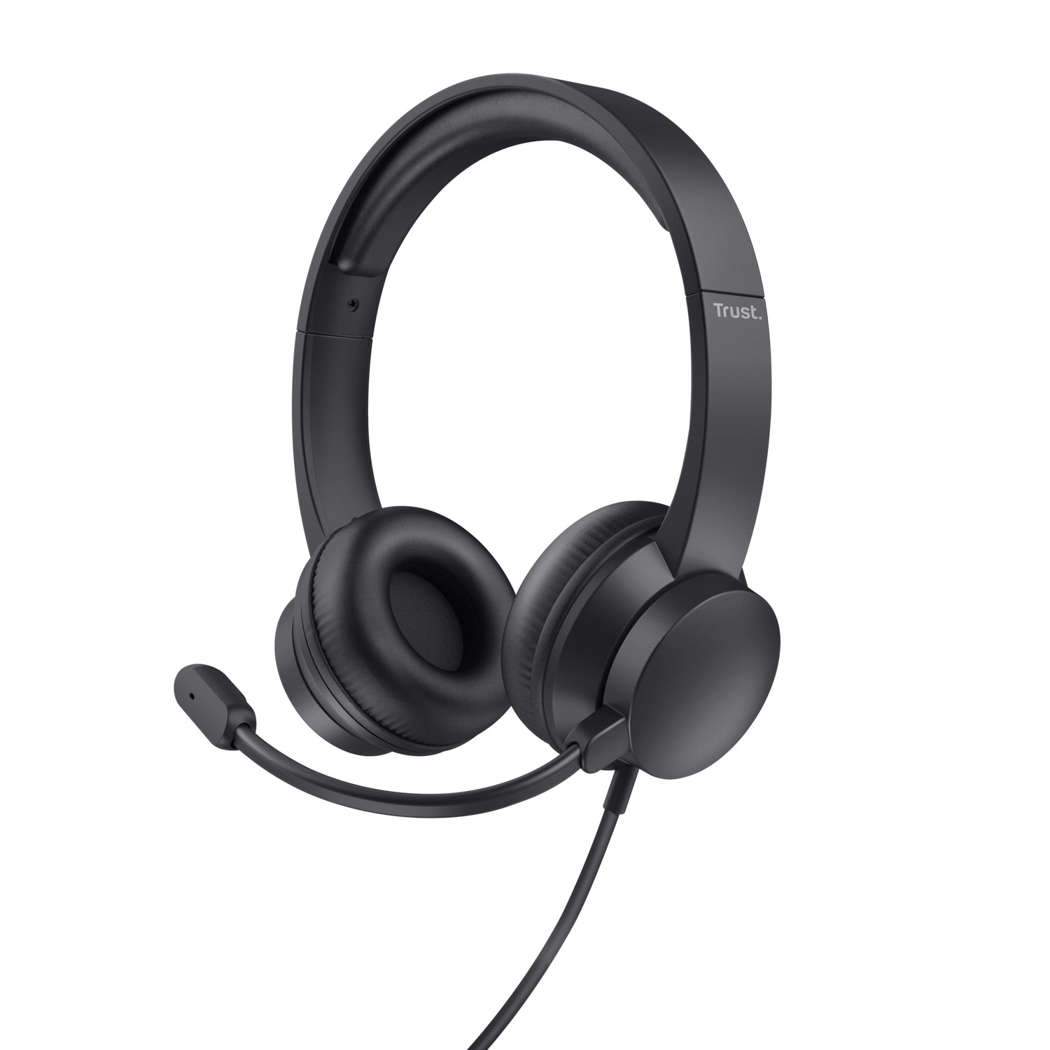 Black Trust headset on white background. Features earcups and a microphone.