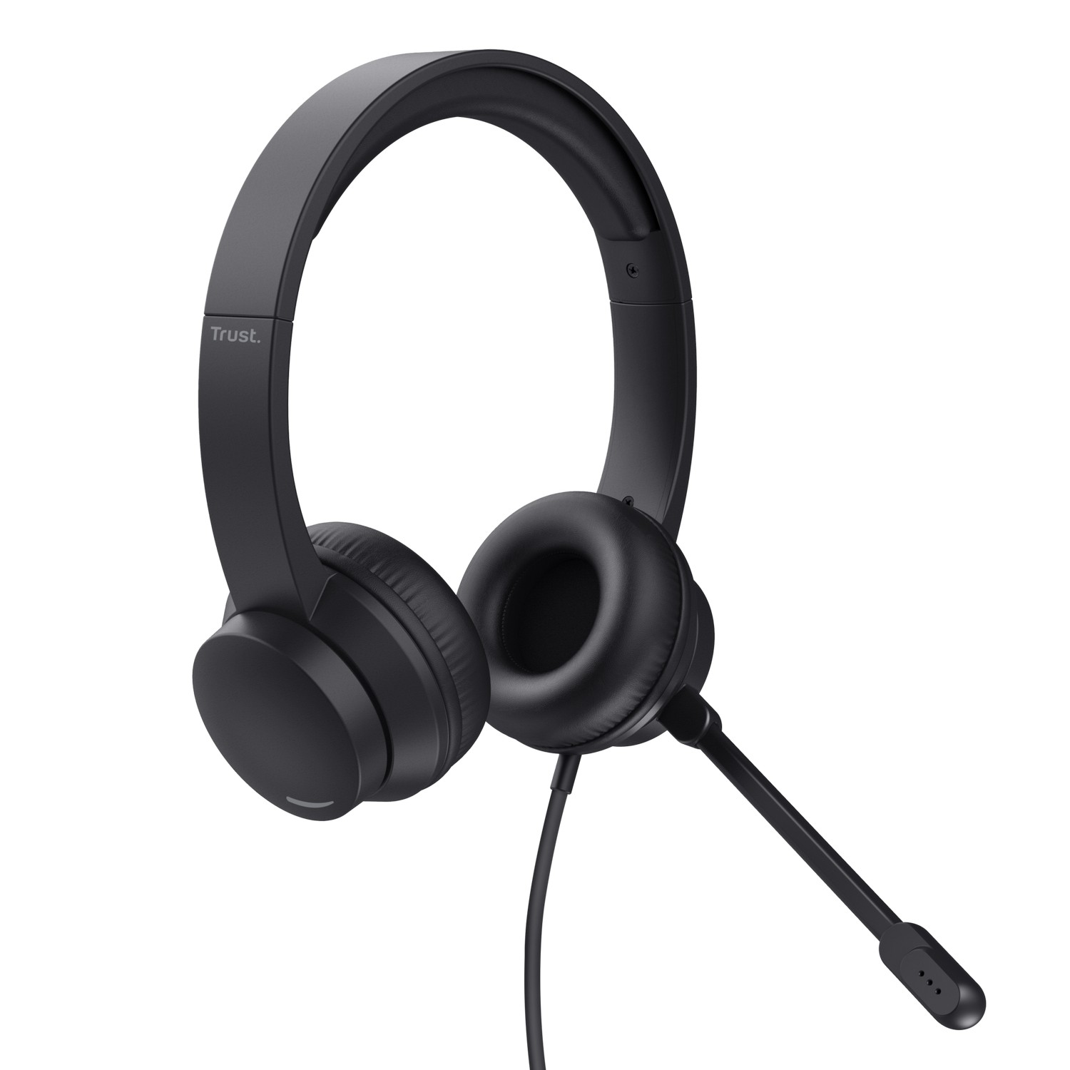 Black headset with a microphone. The headset has earcups and a headband, with a flexible mic.